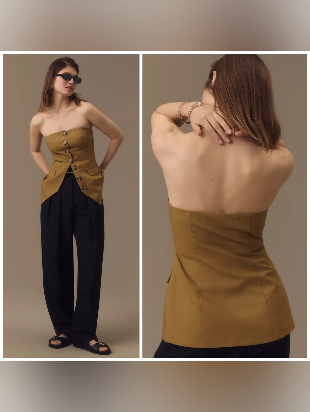 NWT Anthropologie Flat White Strapless Button-Front Top Mustard Yellow Large